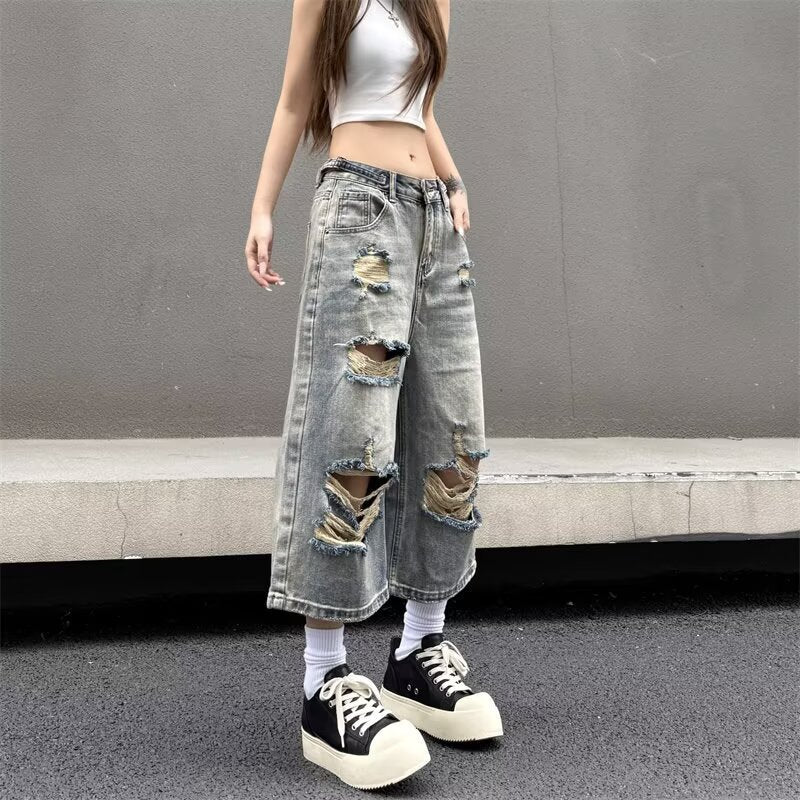 Light Colored Perforated Cropped Denim Pants for Women