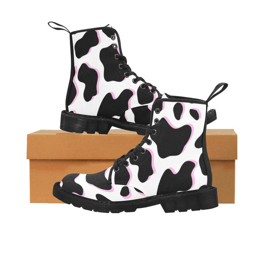 Black and Pink Cow Pattern Men's Lace Up Canvas Boots