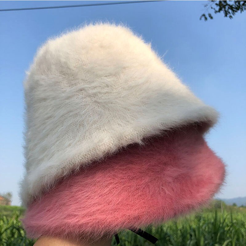 Harajuku Style Women's Solid Color Rabbit Fur Bucket Hat