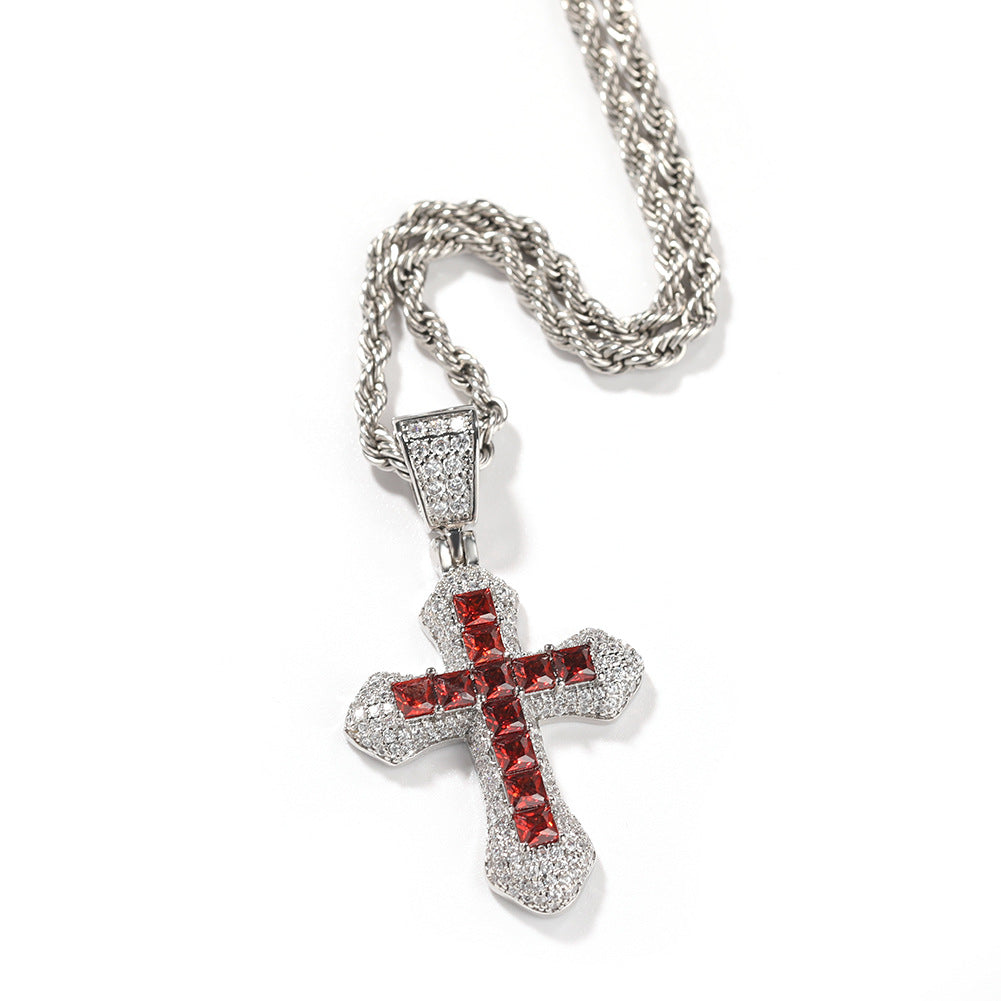 Hip Hop Blue Zircon Cross Necklace - Harajuku Style