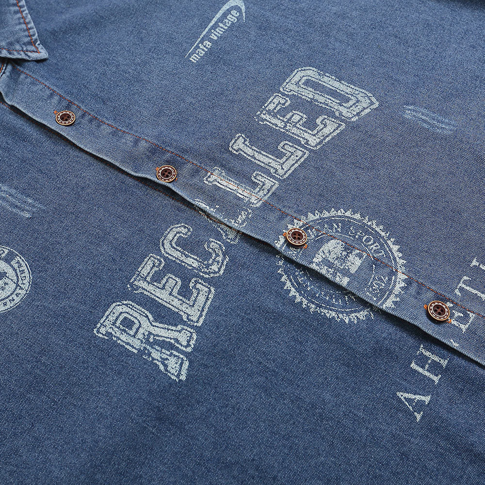 Faded Letter Print Denim Shirt - Retro Harajuku Style