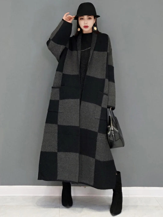 Vintage Plaid Knitting Trench Coat for Women
