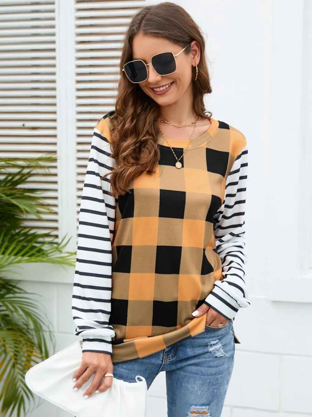 Harajuku Style Plaid Striped Round Neck Long Sleeve T-Shirt