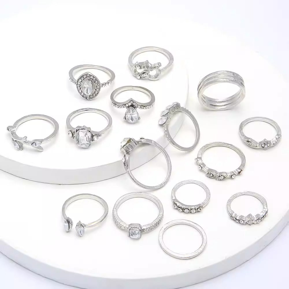 15 Piece Open Joint Ring Set with Hollow Diamond Heart