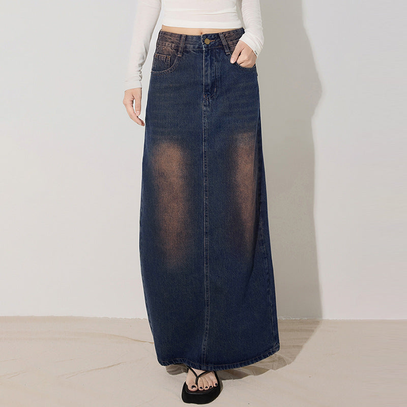 Versatile Denim Midi Skirt for Women - Slimming Heightening Long Skirt