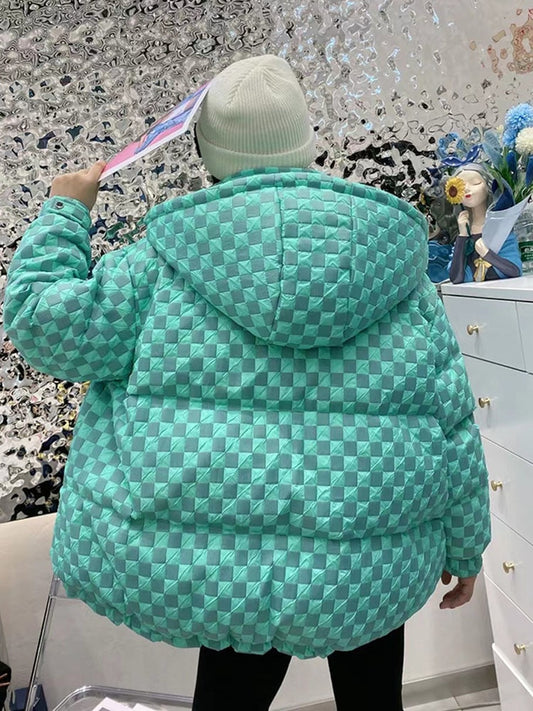 Korean Plaid Down Jacket for Women - Stylish Winter Puffer