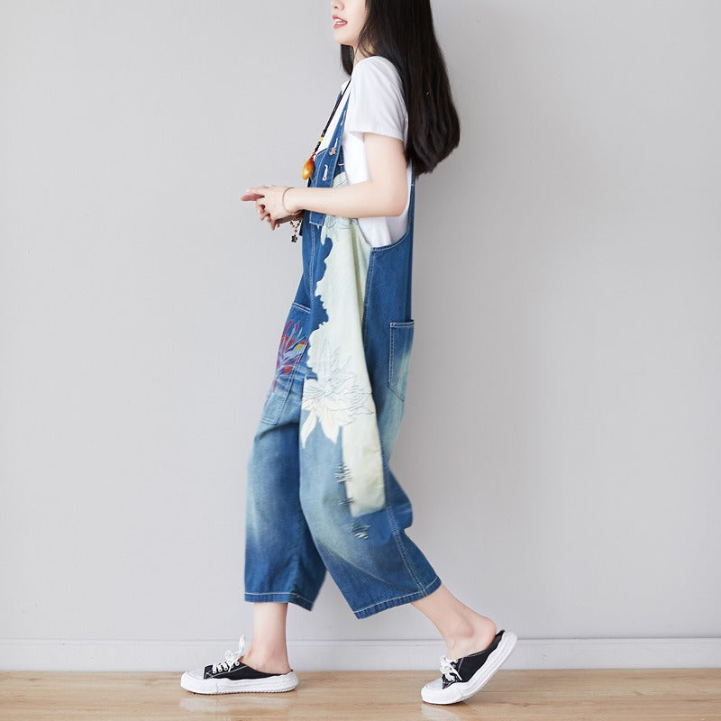 Personality Splicing Jeans: Asymmetric Cropped Wide Leg Overalls