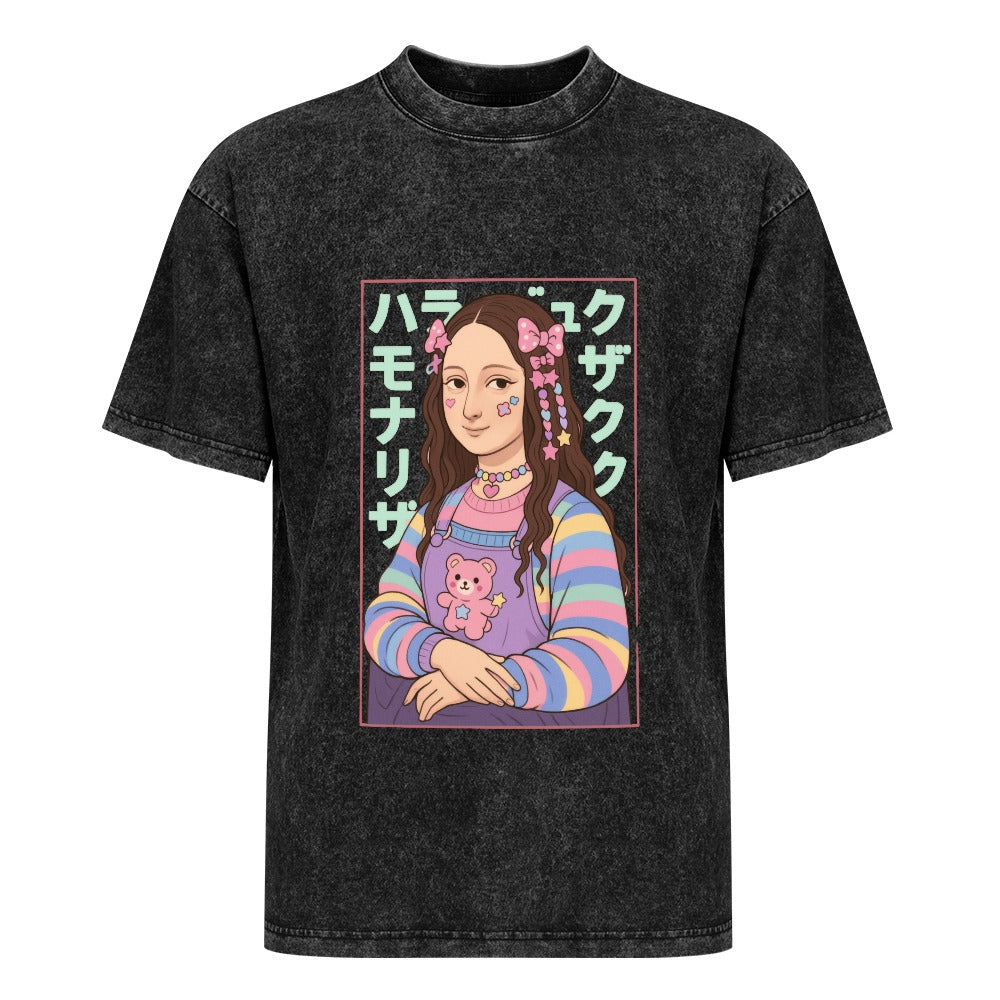 Harajuku Kawaii Mona Lisa Vintage Wash Off Shoulder Tee