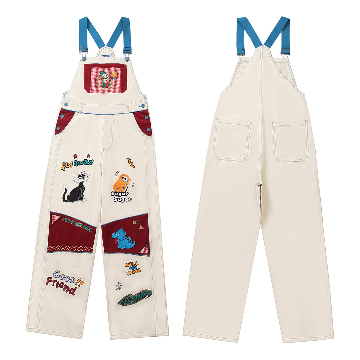 Retro Multi-Pocket Cartoon Suspender Pants