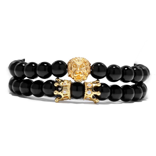 King Lion Couple Bracelet with Natural Stone Beads