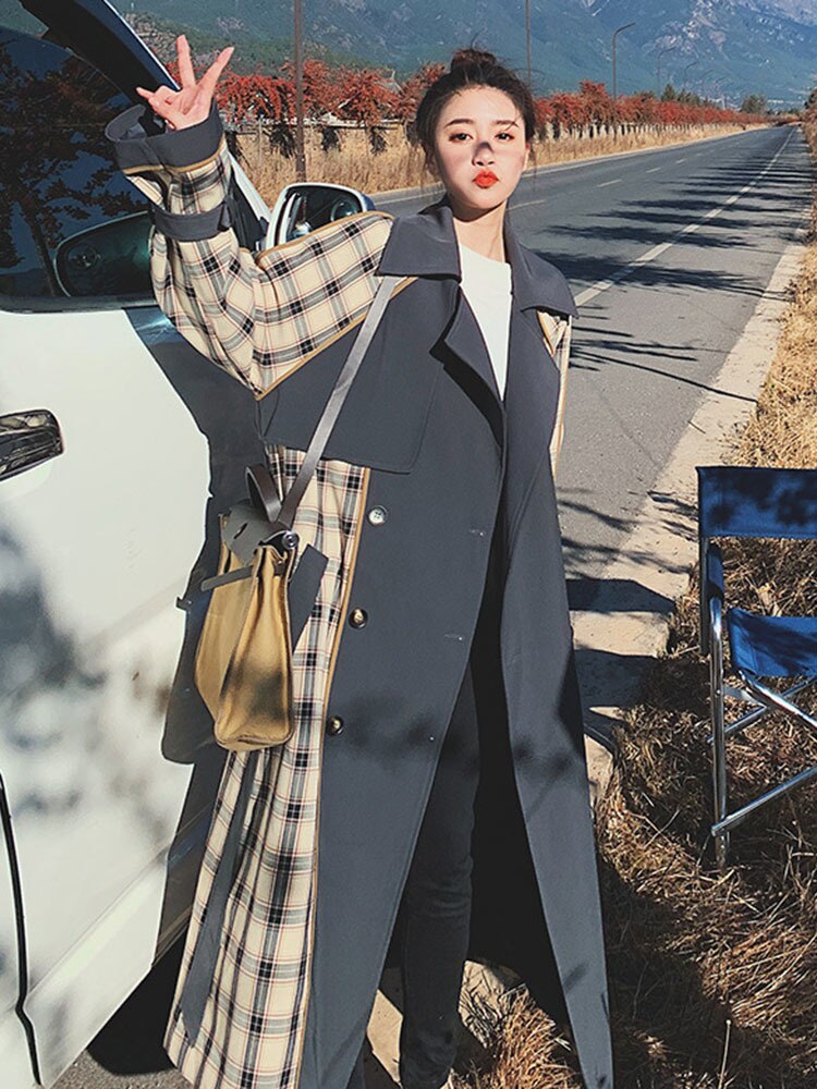 Retro Plaid Over The Knee Windbreaker Coat for Women