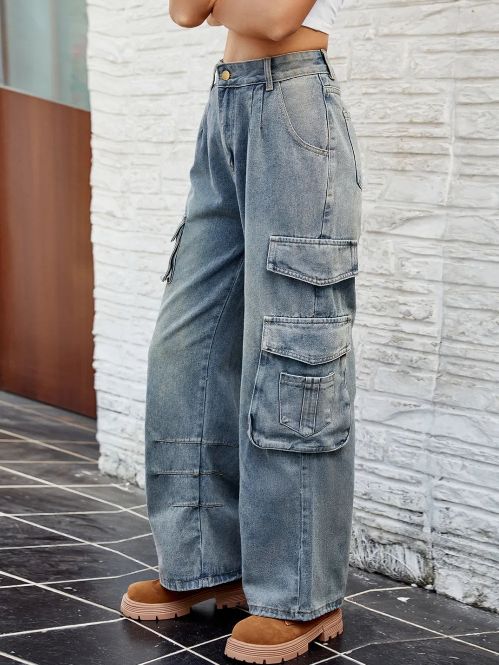 Washed Denim Jeans with Pockets - Harajuku Style