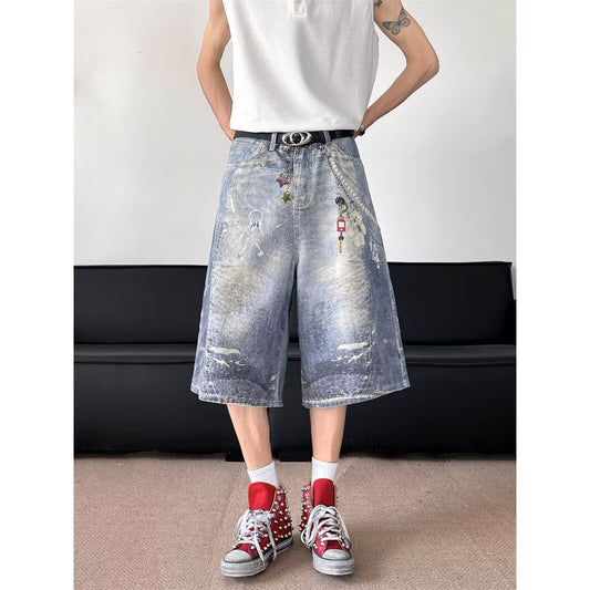 Harajuku Style Full Print Wide Leg Denim Shorts