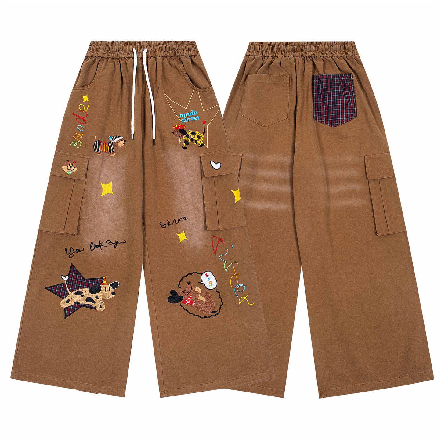 Retro Washed Dog Embroidered Denim Pants - Unisex