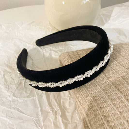 High Quality French Retro Black Velvet Pearl Twist Braid Hairpin Headband