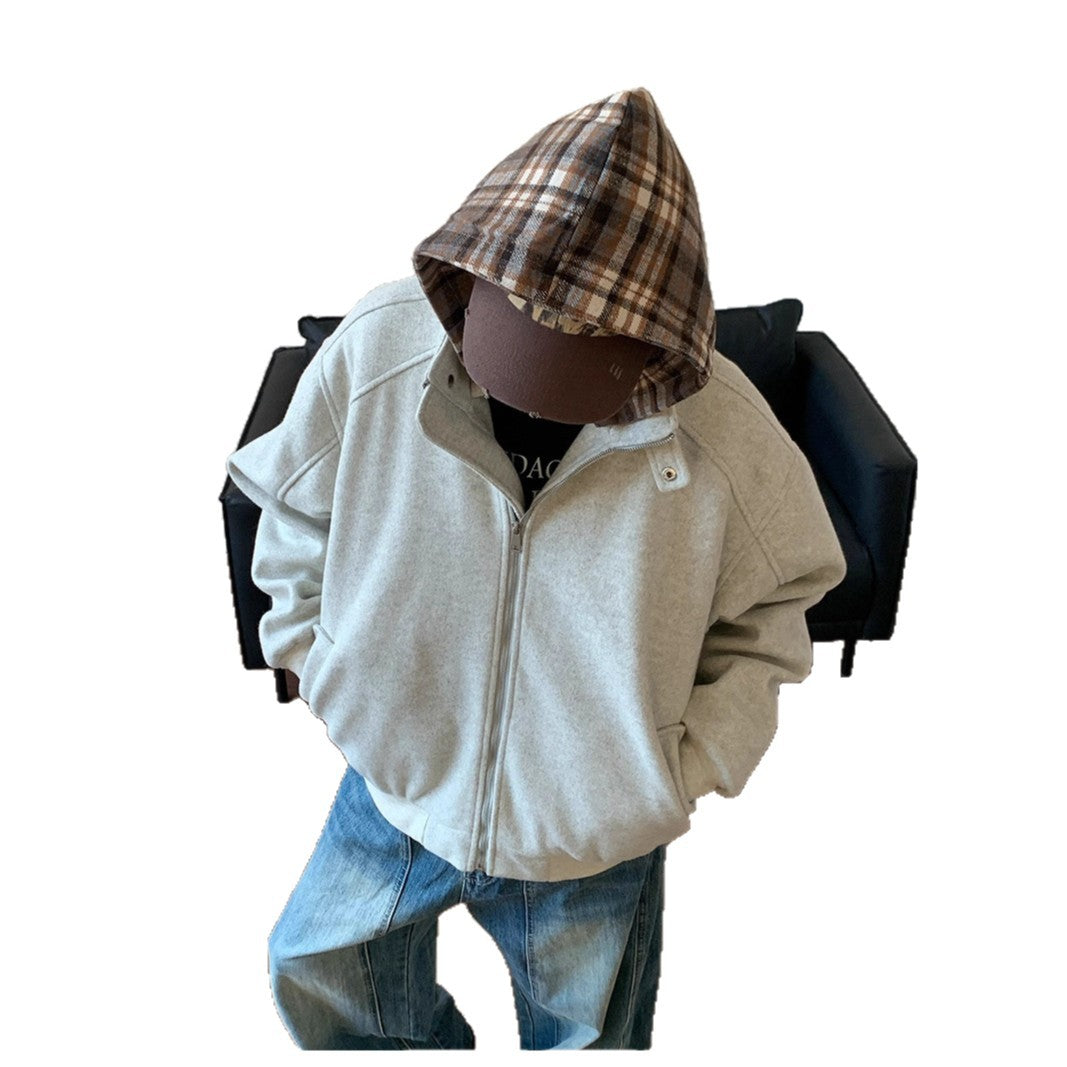 Plaid Faux Two-Piece Hooded Cotton Coat for Men and Women - Padded Loose Casual Wool Blend Jacket