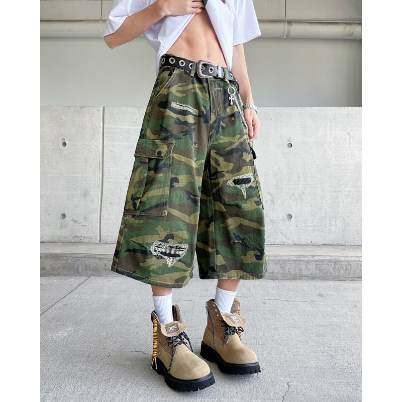 Camouflage Ripped Workwear Denim Cropped Pants