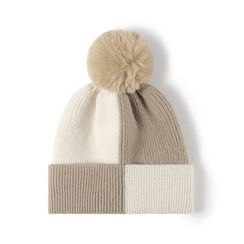 Playful Color Block Knit Hat with Pom-pom