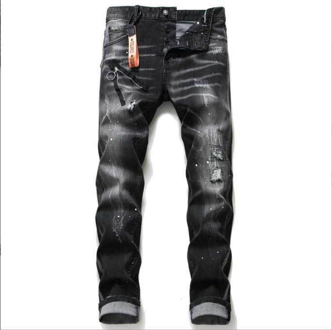 Harajuku Style Black & Gray Distressed Zipper Jeans for Men