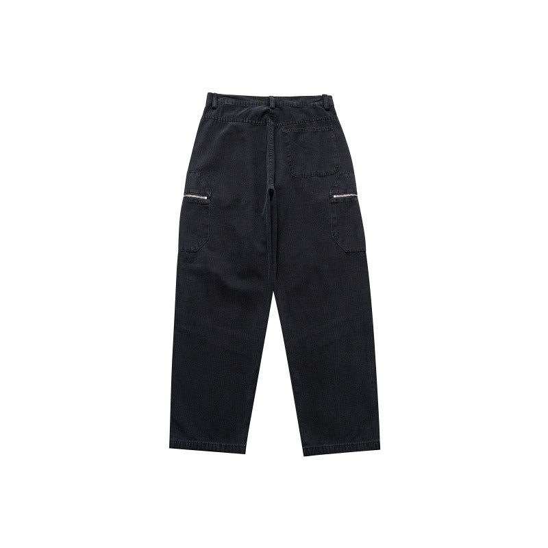 Deconstructing Zipper Large Pocket Denim Wide Leg Pants