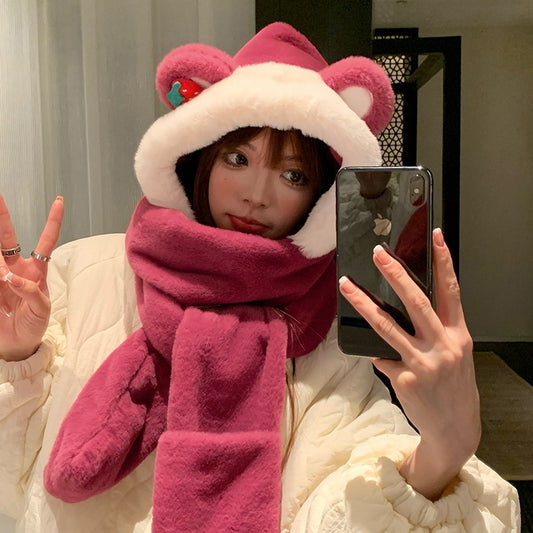 Harajuku Style Winter Bear Hat Scarf Gloves Set