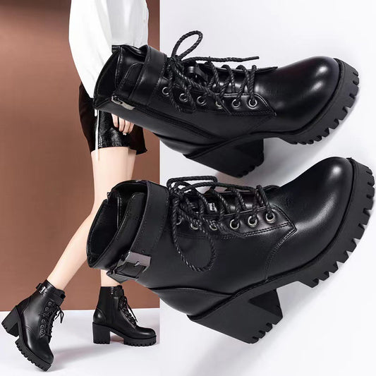 Playful Lace-Up Round Toe Buckle Martin Boots for Women