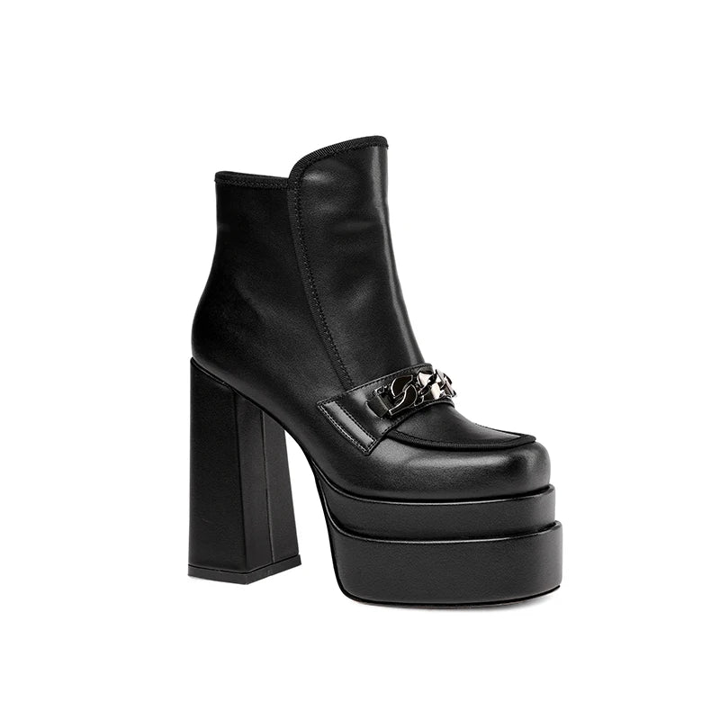 Chunky High Heels Ankle Boots with Metal Decor