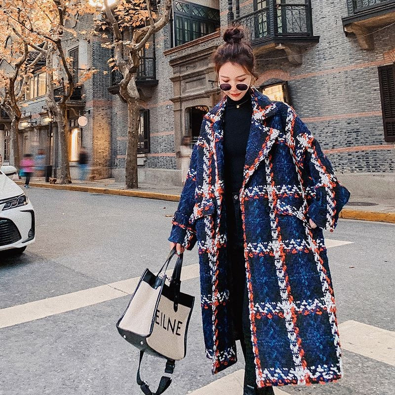 Mid-Length Plaid Woolen Overcoat for Women