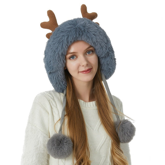 Playful Deer Horn Wool Ball Knitted Hat