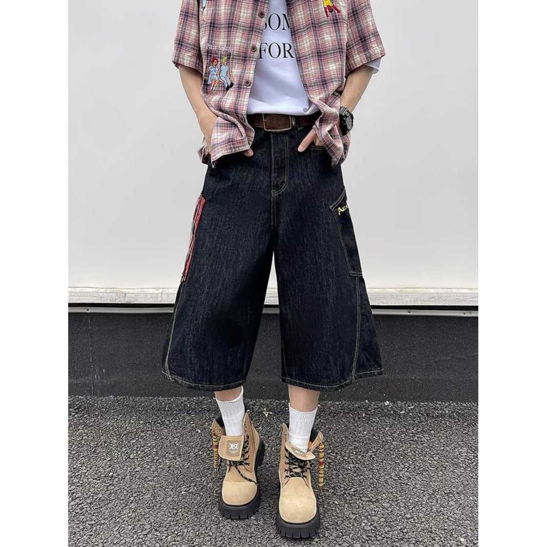 Retro Plaid Patchwork Denim Cropped Pants for Men