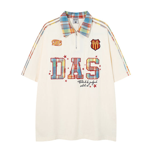 Retro Letter Embroidery Design Collar T-Shirt