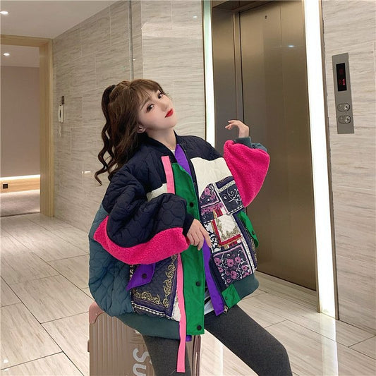 Harajuku Color Block Patchwork Baseball Jacket for Women