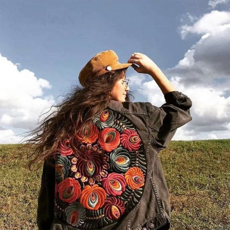 Vintage Floral Embroidery Denim Jacket - Harajuku Style