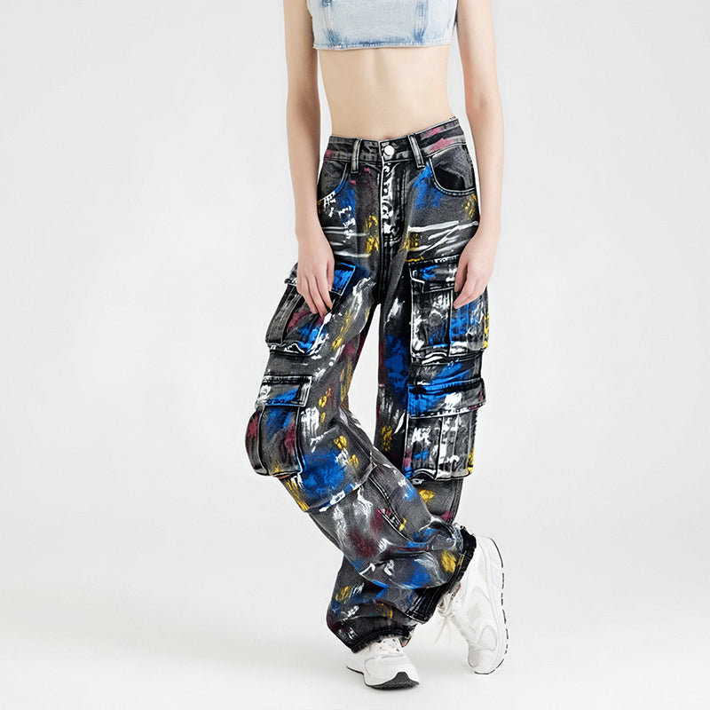 Graffiti Multi Pocket Workwear Jeans for Women