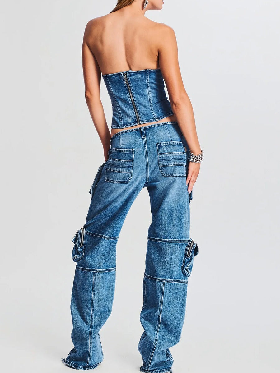 Harajuku Style Mid Waist Buckle Multi-Pocket Denim Pants