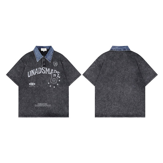 Harajuku Style Color Block Polo Shirt with Letter Print