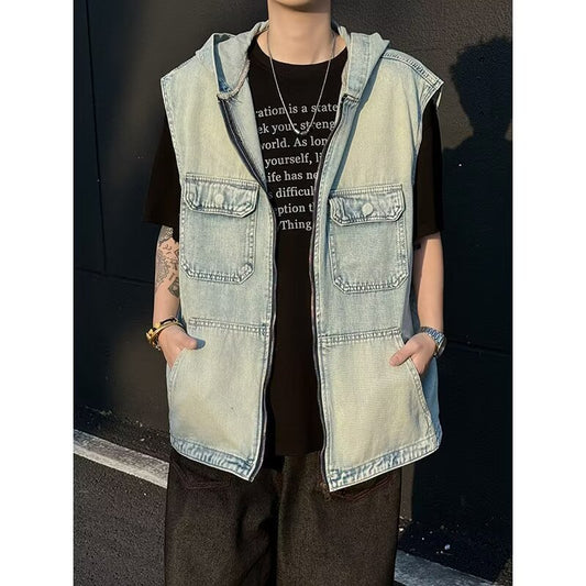 Hooded Denim Retro Loose Zipper Vest Jacket