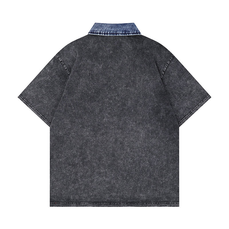 Harajuku Style Color Block Polo Shirt with Letter Print