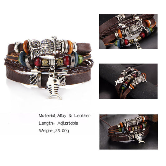 2 pcs Tibetan Stone Feather Multilayer Leather Bracelet Set