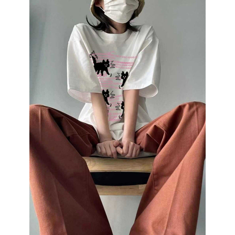 Cat Pattern Round Neck T-shirt — Harajuku Street Style Unisex Loose Fit