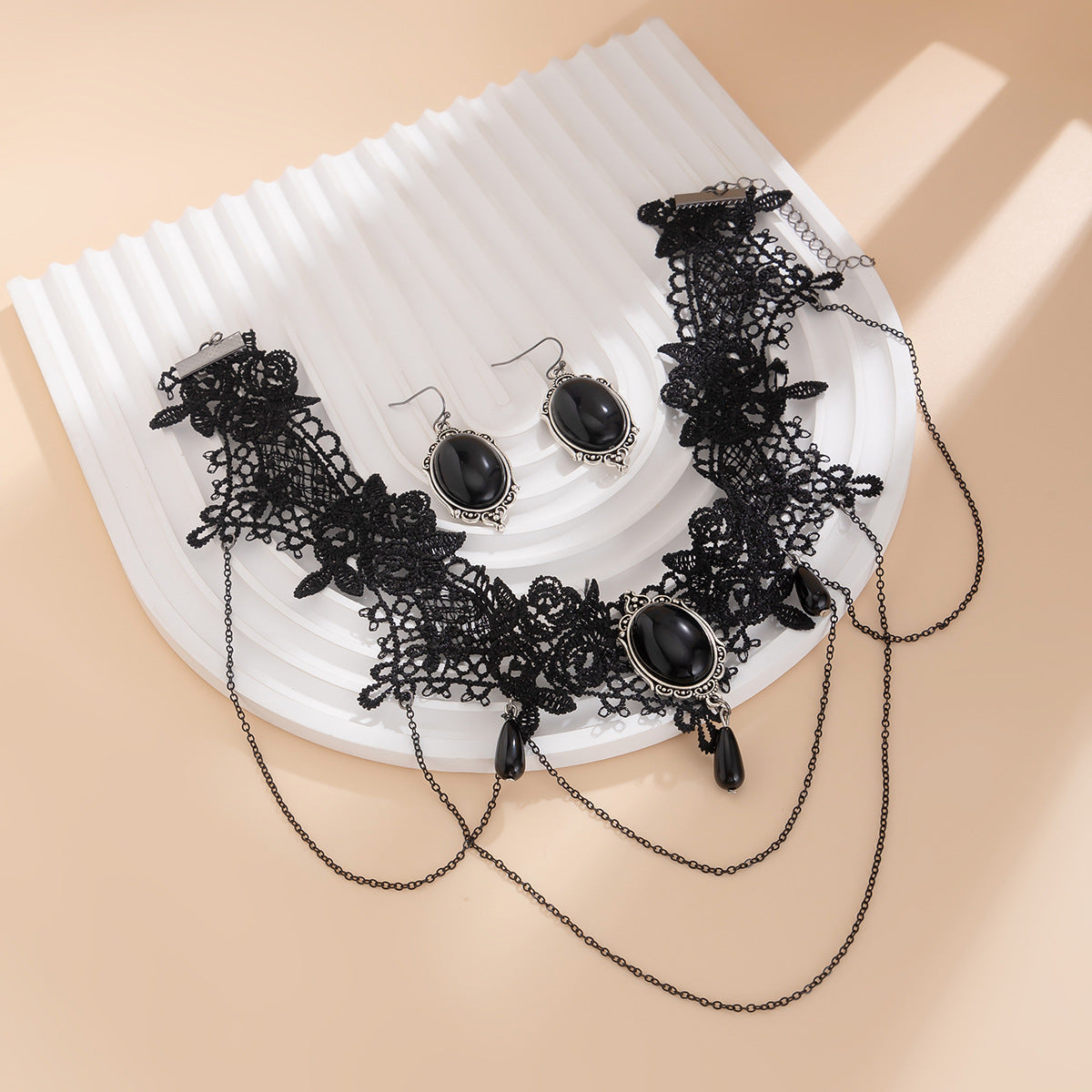 Gothic Moon Alloy Necklace & Lace Tassel Collar Set