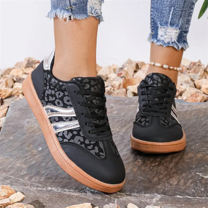Playful Leopard Print Round Toe Lace-Up Sneakers