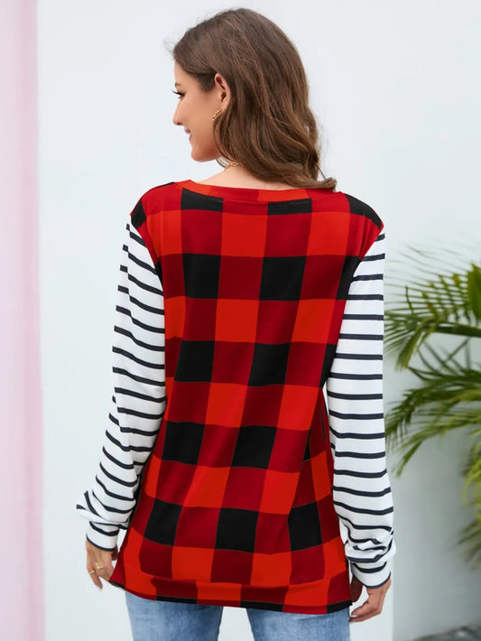 Harajuku Style Plaid Striped Round Neck Long Sleeve T-Shirt