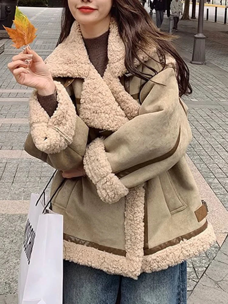 Harajuku-Inspired Green Fur and Lamb Wool Jacket for Women