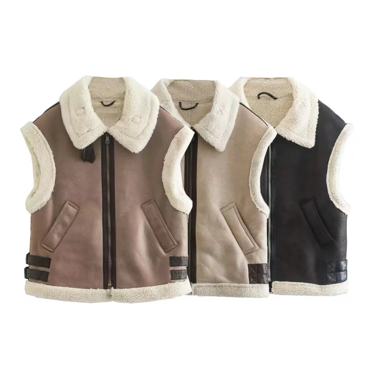 Harajuku Style Women's Thick Warm Leather Wool Lapel Vest
