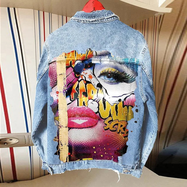Harajuku Style Women's Tongue Out Print Denim Jacket