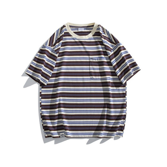 Harajuku Style Color Blocked Striped Half Sleeve Shirt