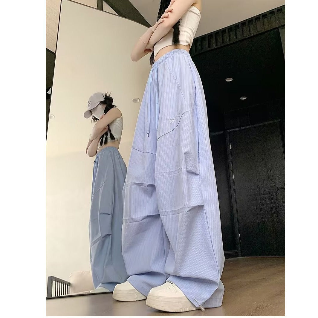 Blue Striped Hanging Wide Leg Casual Pants for Women