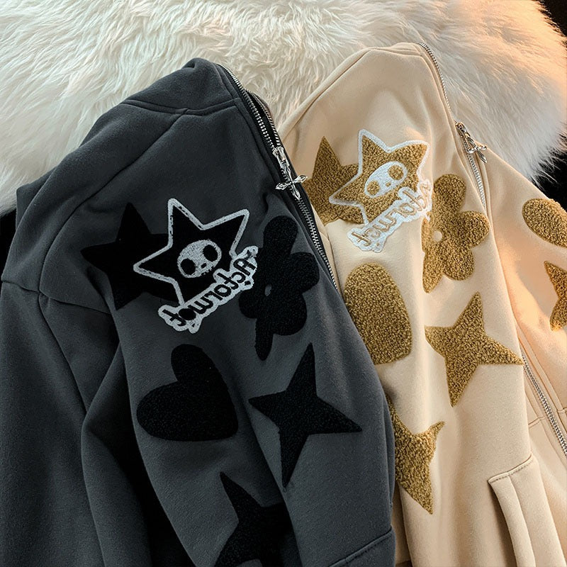 Harajuku Style Velvet Letter Embroidery Hoodie Cardigan