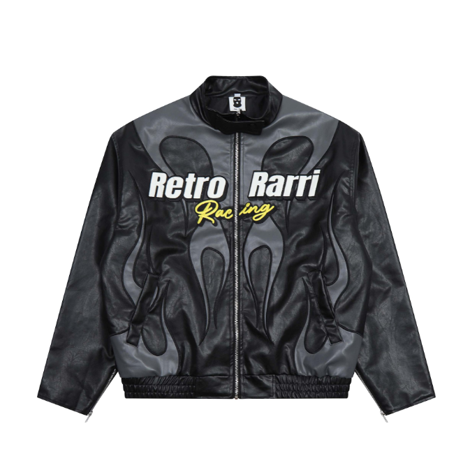 Harajuku Style Flame Letter Embroidery Leather Jacket